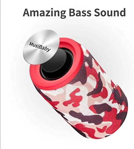 Another view of the Musibaby M68 Compact Outdoor Speaker, IPX5, Camo Red | Bluetooth