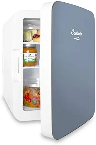 Close up of the blue cabinet and glass front door of the Cooluli fridge