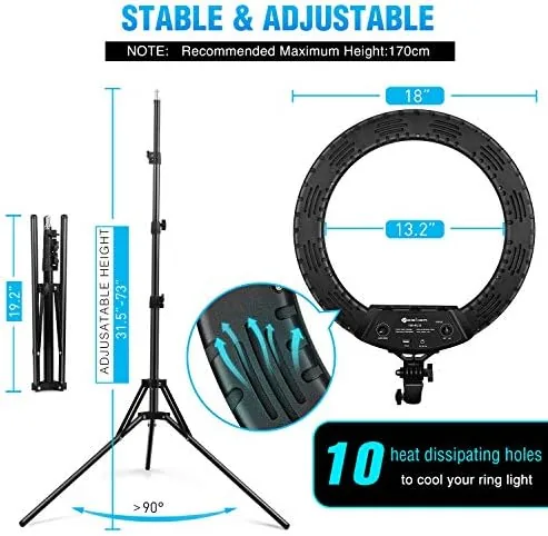 Detail shot of the Ring Light 18 Inch LED Ringlight Kit with 73 inch features