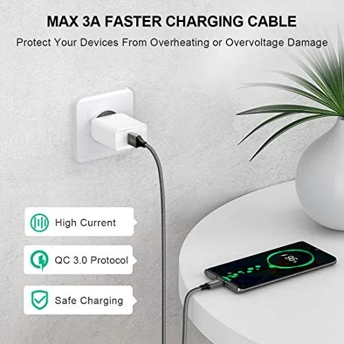 USB A end of the cable plugged into a wall charger beside a phone
