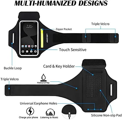 Armband packed with earbuds and a key ready for a morning run