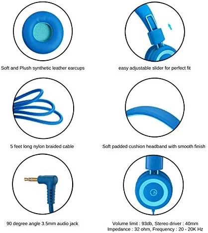 Detail shot of the noot products K11 Kids Headphones Wired 3.5mm Jack Tangle-Free Skyline features