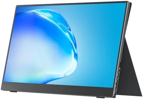 cocopar 15.6 inch portable monitor standing upright with its magnetic cover stand