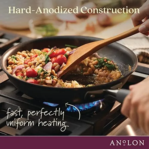 The Anolon pan beside a budget nonstick pan and a cast iron skillet