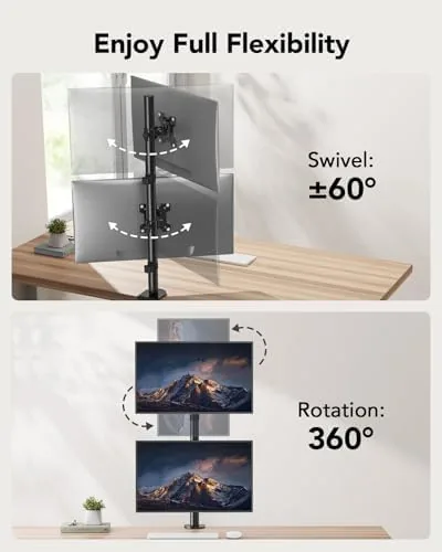 The HUANUO Vertical Dual Monitor Mount, Stacked Monitor Stand for 2 in real use
