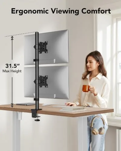Another view of the HUANUO Vertical Dual Monitor Mount, Stacked Monitor Stand for 2