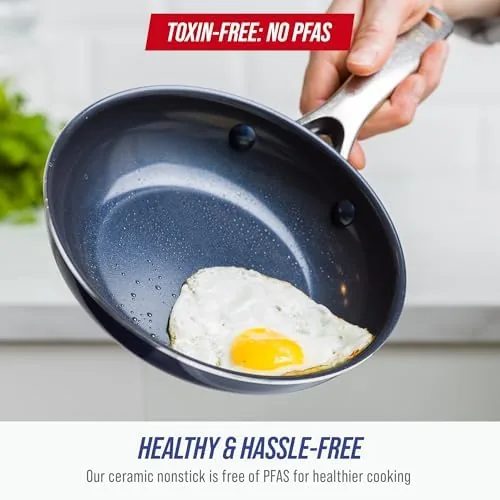 An omelet cooking in the Blue Diamond pan