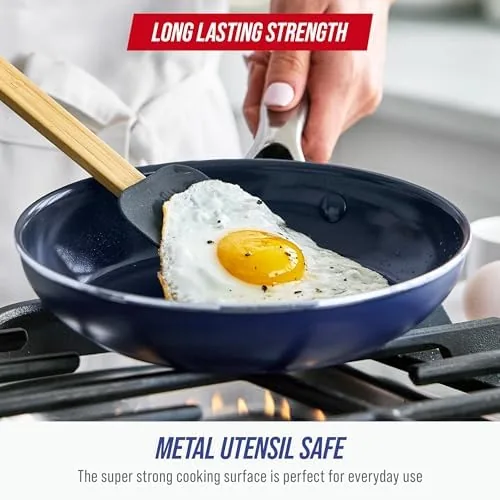 The Blue Diamond pan beside a traditional nonstick pan and another ceramic pan