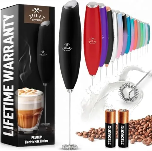 Zulay Kitchen handheld milk frother next to a cup of coffee