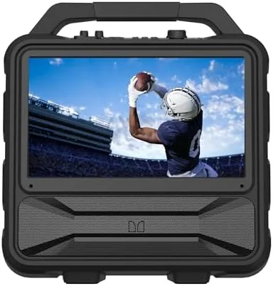 The Monster Vision 2 open on a desk showing its 15.6 inch display and speaker bar
