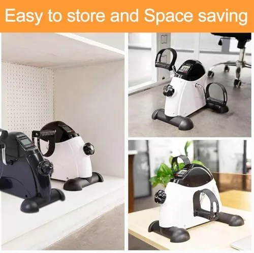 The under desk pedal exerciser next to a foot rocker and a full desk bike
