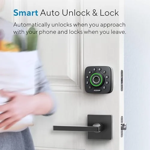 Hand touching the fingerprint reader to unlock the smart deadbolt