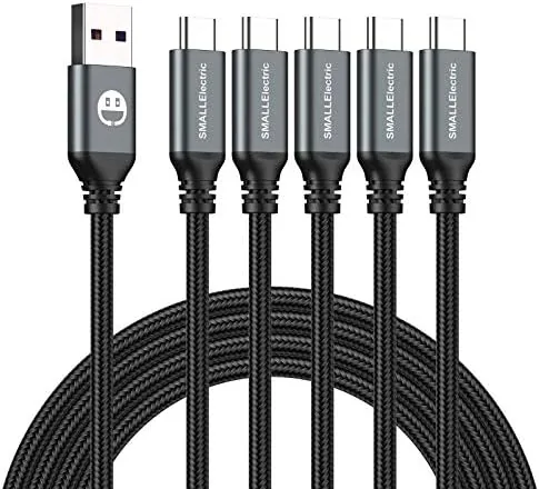 Five braided USB C cables from the pack fanned out on a counter