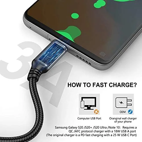 A phone charging from a six foot braided cable on a nightstand