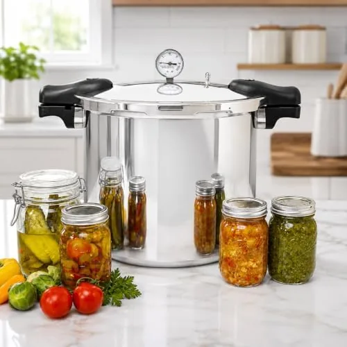 Pressure gauge and release valve on top of the canner lid