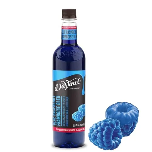The DaVinci Gourmet Classic blue raspberry syrup bottle with a glass of blue soda