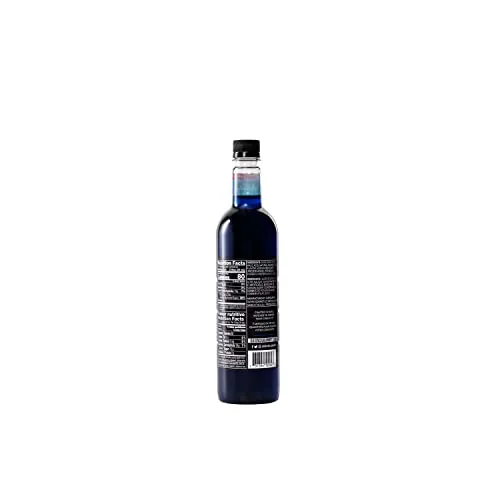 Close up of the blue syrup and the pull-top spout of the DaVinci bottle