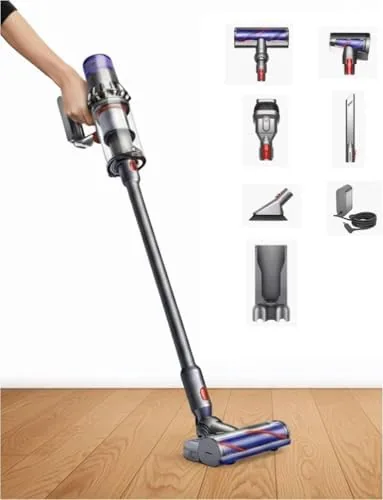 The Dyson V11 Animal cordless vacuum in purple standing on a floor
