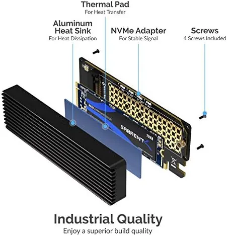 Detail shot of the SABRENT M.2 NVMe SSD to PCIe X16/X8/X4 Adapter Card, Heatsink features