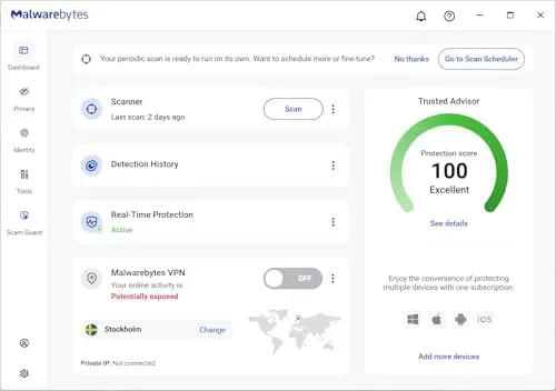 Malwarebytes dashboard showing real time protection status