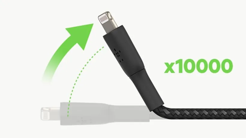 Belkin cable beside a stock Apple cable and a budget cable