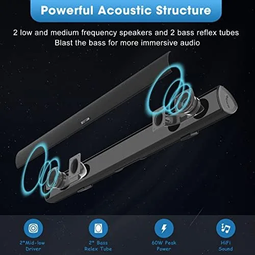 Close look at the BESTISAN Soundbar, TV Sound bar with Bluetooth 5.0, Optical AUX build quality