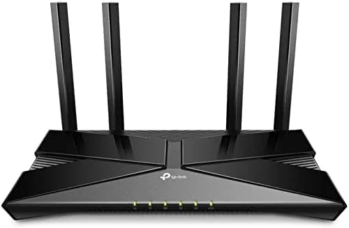TP-Link Archer AX20 router on a desk with four antennas raised