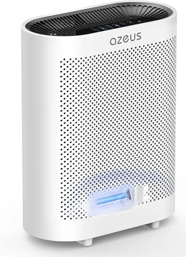 AZEUS air purifier standing in a living room with the white casing visible