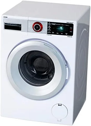 The Theo Klein Bosch toy washing machine standing in a play kitchen
