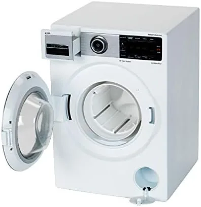The toy washing machine with its detergent bottle and laundry basket