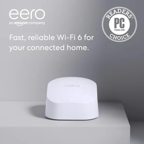 Amazon eero 6 node sitting on a living room shelf