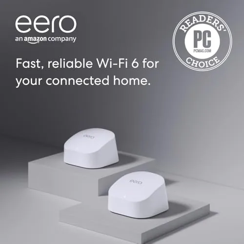 Two Amazon eero 6 nodes sitting in a living room