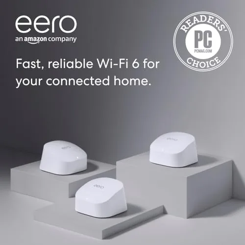 The Amazon eero 6 3-pack of white mesh units on a shelf