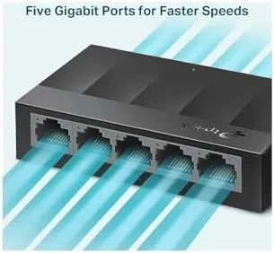 The LS1005G switch connected to a router and several devices in a home setup