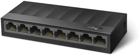 The LS1005G with all five LEDs lit showing active links on every port