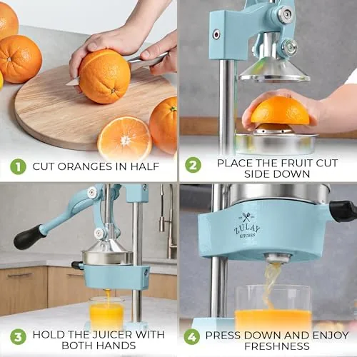 Two glasses of juice from the same oranges, one pressed and one reamed, showing the yield difference
