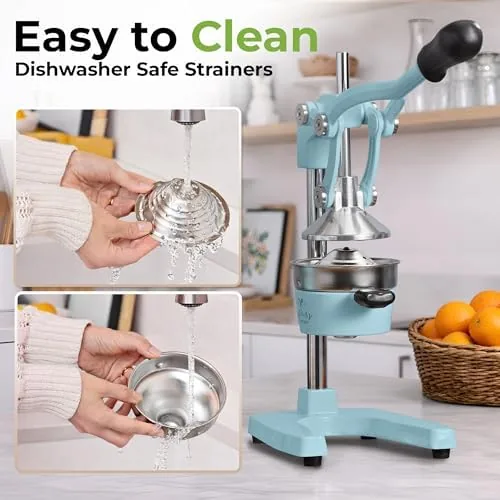 The cast iron juicer next to a lightweight press and a handheld reamer