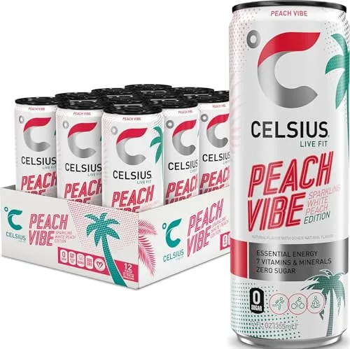 A can of CELSIUS Peach Vibe standing on a bright background