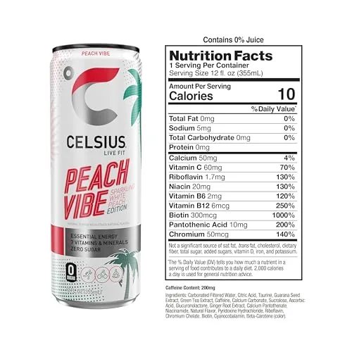 Pouring a can of CELSIUS Peach Vibe into a glass with ice