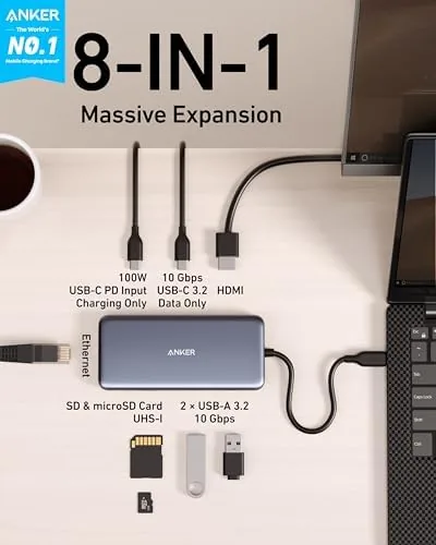 Detail shot of the Anker USB-C Hub, 8-in-1 Multiport Ethernet Adapter with 4K@60Hz HDMI features