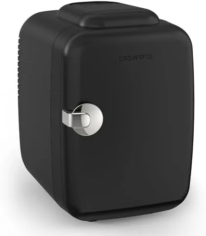CROWNFUL black 4 liter mini fridge closed on a desk