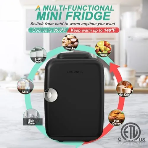CROWNFUL mini fridge on a nightstand in a bedroom