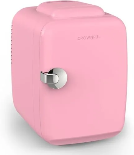 CROWNFUL pink mini fridge on a vanity with skincare products