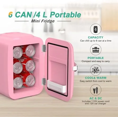 Skincare bottles arranged inside the pink CROWNFUL fridge