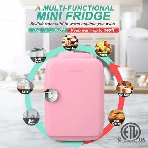 Pink CROWNFUL fridge running on a bedroom dresser