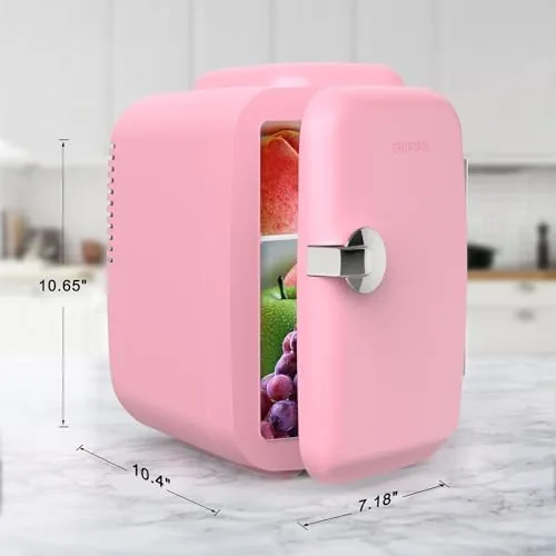 AC and DC adapters connected to the pink CROWNFUL fridge