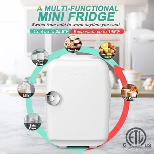White CROWNFUL fridge in cooling mode at a desk setup