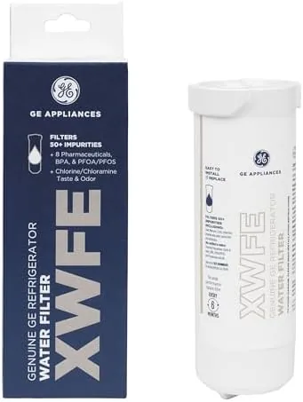 GE XWFE refrigerator water filter cartridge in its packaging