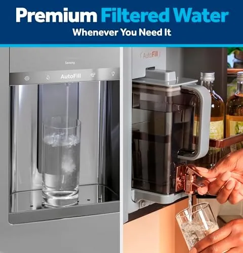 Glass of filtered water being poured from a refrigerator dispenser