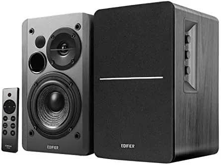 Front view of the Edifier R1280DBs bookshelf speaker pair in black